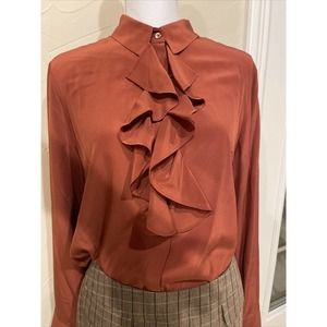 J. Crew Womens Burnt Orange Silk Ruffle Blouse Dress Shirt NWT Size 14 Large